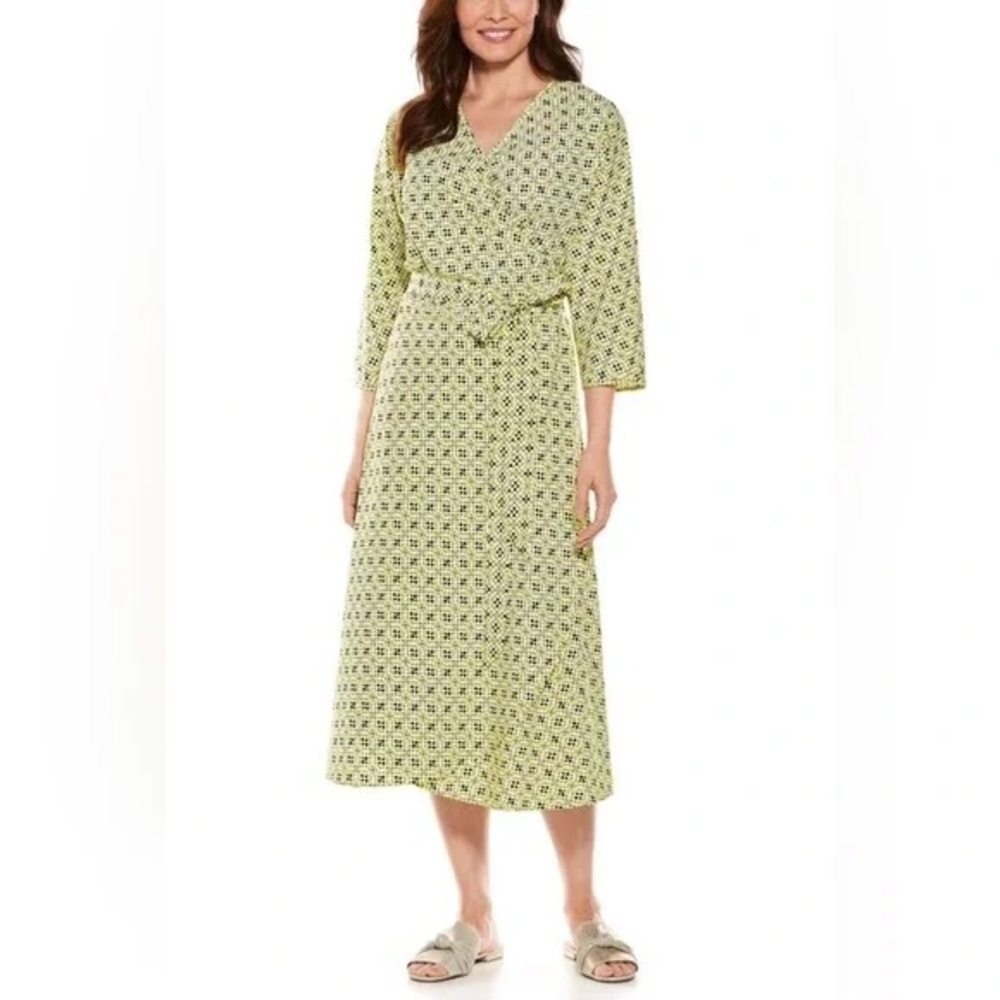Coolibar Women's Mila Wrap Dress UPF 50+ Size XS Swim Coverup Maxi Yellow Print
